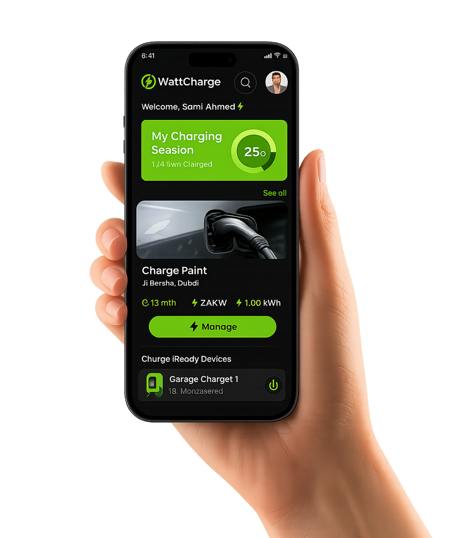 Hand holding smartphone displaying HealthPro fitness app home screen.